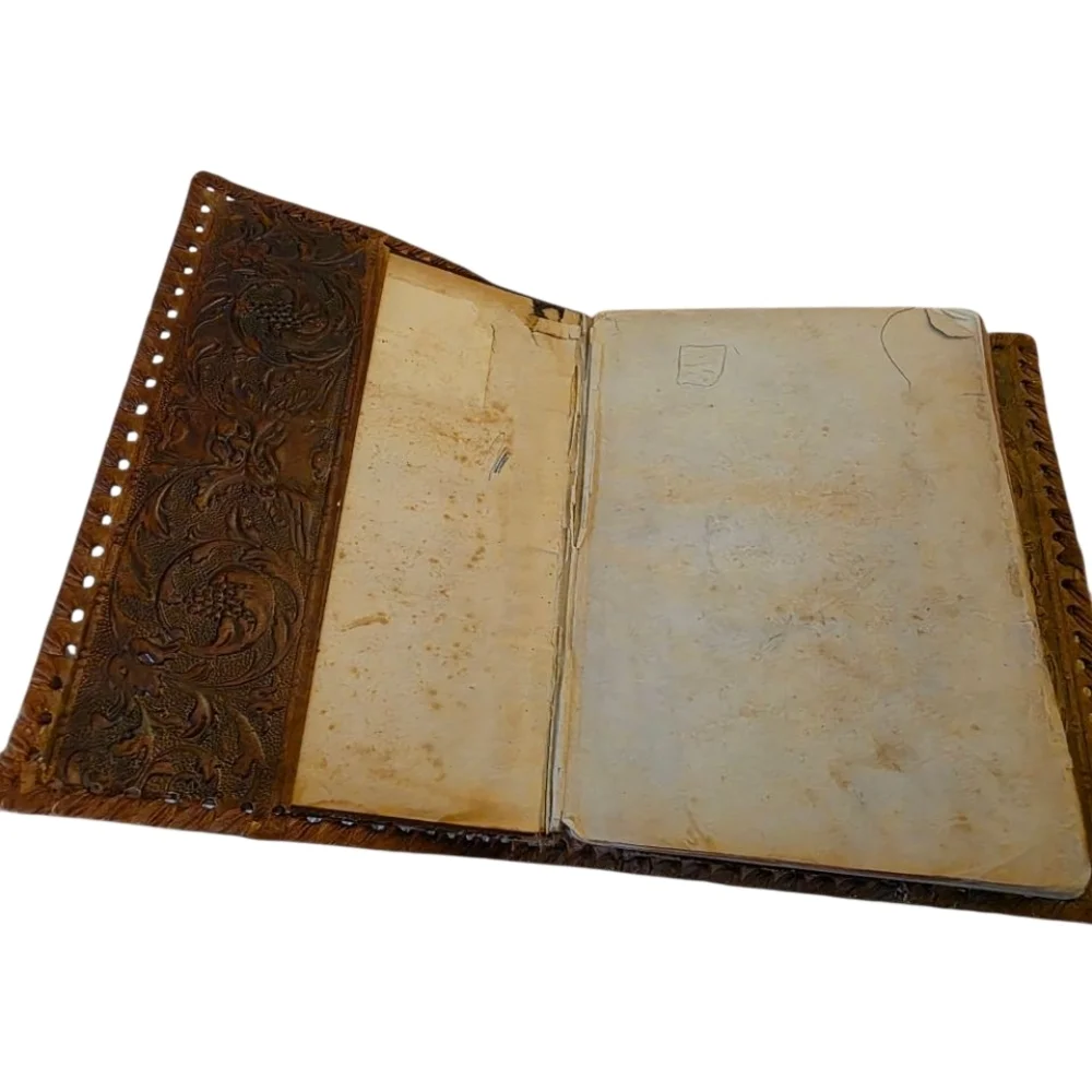 Vintage Floral Embossed Tooled Leather Book Bibkle Cover Handmade Tan/Brown